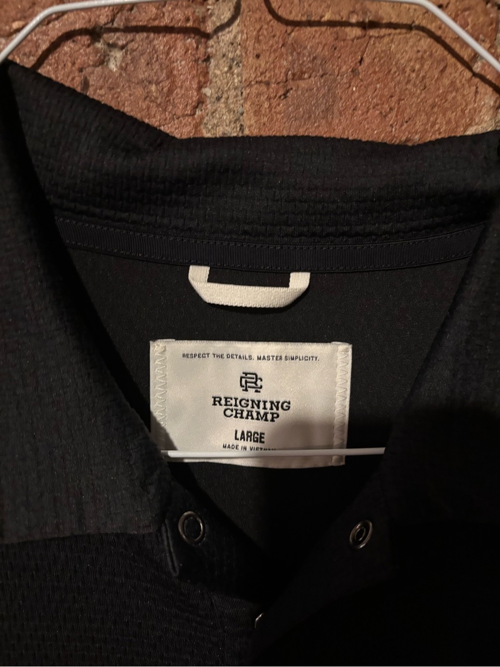 Reigning Champ men’s snap button stretch polo shirt, size L - Picture 2 of 3